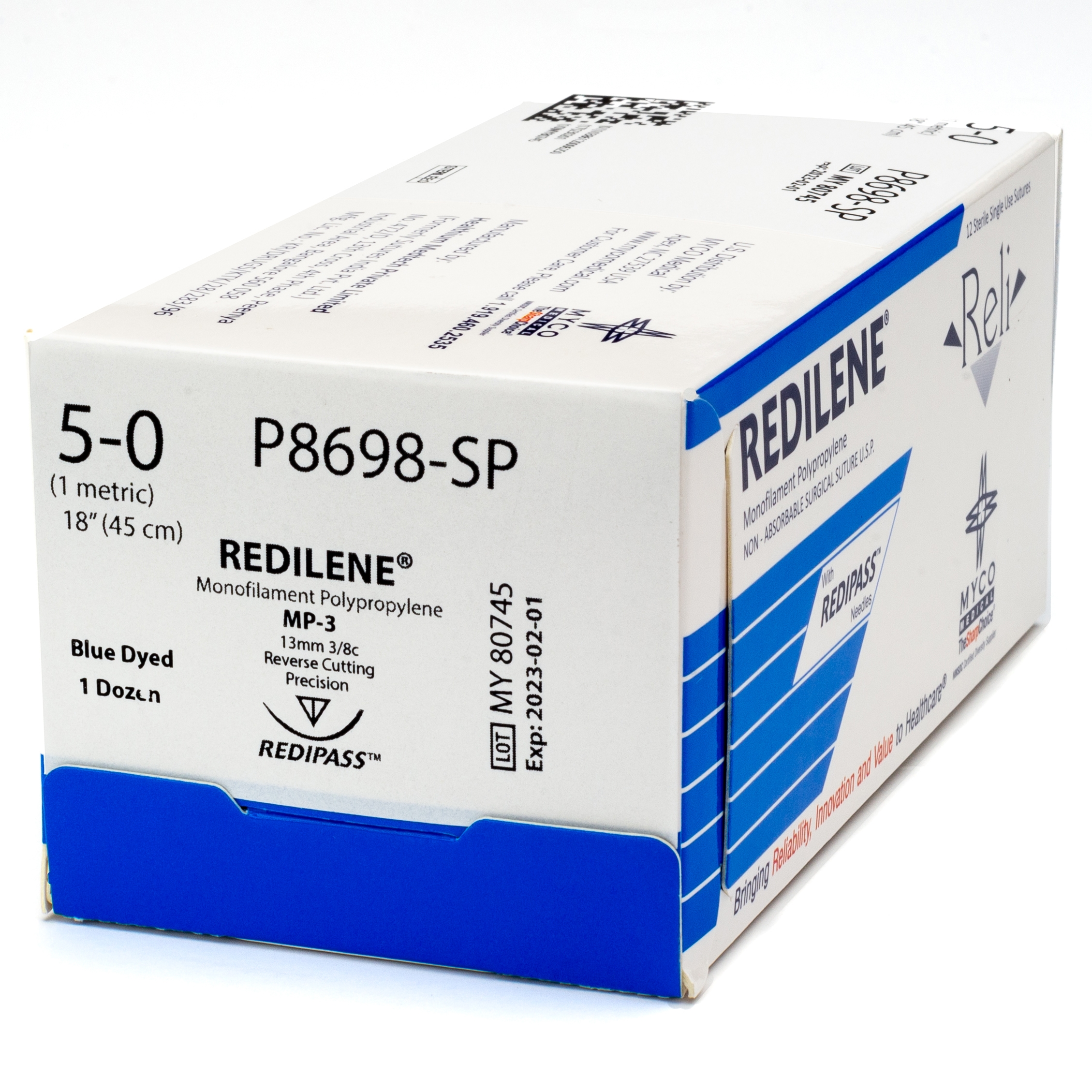 Suture with Needle Reli® Redilene™ Nonabsorbable Uncoated Blue Monofilament Polypropylene Suture Size 5 - 0 18 Inch Suture 1-Needle 13 mm Length 3/8 Circle Conventional Cutting Needle by Myco Medical  ID P8698-M